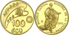 1992. Juan Carlos I. 100 ecu. (Fuster MC-11). Madrid, Capital Europea de la Cultura. En estuche oficial con certificado. Oro. 34,55 g. FDC.