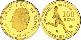 2003. Juan Carlos I. 100 euros. (Fuster pág. 263, edición 2015). Mundial de Fútbol - Alemania '06. Oro. 6,78 g. Proof.