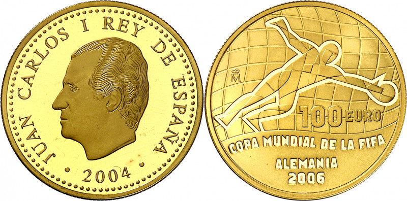 2004. Juan Carlos I. 100 euros. (Fuster pág. 263, edición 2015). Mundial de Fútb...