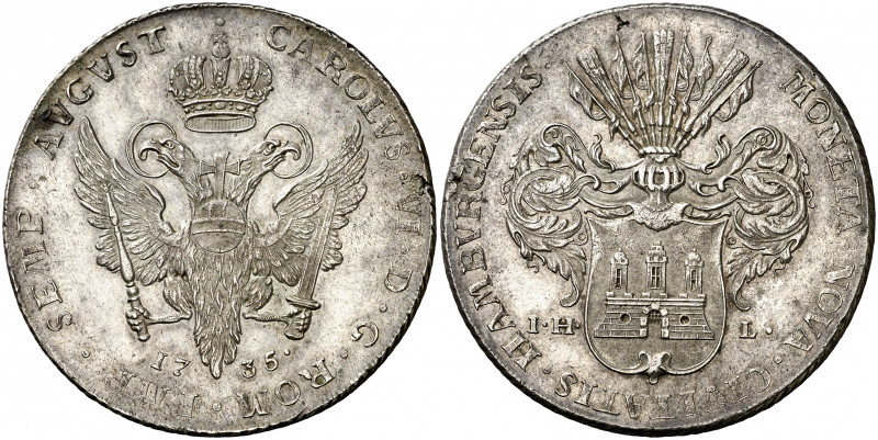 Alemania. Hamburgo. 1735. Carlos VI. IH-L. 1 taler. (Kr. 173) (Dav. 2283). Leves...