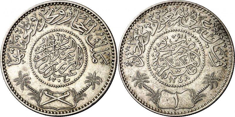 Arabia Saudita. AH 1348 (1930). Abd Al-Aziz Bin Sa'ud. 1 riyal. (Kr. 12). Rara. ...