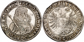 Bohemia. 1626. Fernando II. Praga. 1 taler. (Kr. 395, falta fecha) (Dav. 3139, falta fecha). Restos de soldadura en canto. Rara. AG. 28,87 g. (MBC).