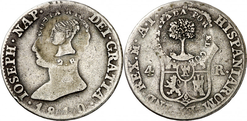 Costa Rica. s/d (1845). 2 reales. (Kr. 40). Resellos (De Mey 473 y 474) sobre 4 ...