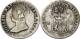 Costa Rica. s/d (1845). 2 reales. (Kr. 40). Resellos (De Mey 473 y 474) sobre 4 reales de José Napoleón de 1810. Rara. AG. 5,67 g. MBC-.