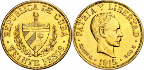 Cuba. 1915. 20 pesos. (Fr. 1) (Kr. 21). Golpecitos. Rayitas por limpieza. AU. 33,29 g. (EBC-).