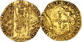 Francia. Carlos V (1364-1380). 1 franc au pied. (Fr. 284). Ligera ondulación. Escasa. AU. 3,81 g. MBC.