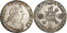 Francia. 1704. Luis XIV. X (Amiens). 1 ecu. (Kr. 360.21). Acuñada sobre otra moneda. Rara. AG. 26,86 g. MBC.
