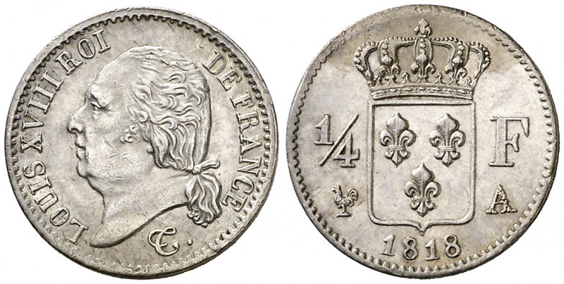 Francia. 1818. Luis XVIII. A (París). 1/4 franco. (Kr. 714.1). Bella. Rara así. ...