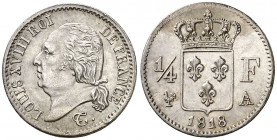 Francia. 1818. Luis XVIII. A (París). 1/4 franco. (Kr. 714.1). Bella. Rara así. AG. 1,25 g. S/C-/S/C.