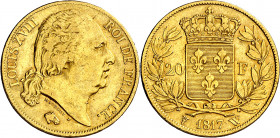 Francia. 1817. Luis XVIII. W (Lille). 20 francos. (Fr. 539) (Kr. 712.9). Acuñación de 155.900 ejemplares. Escasa. AU. 6,38 g. MBC/MBC+.
