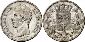 Francia. 1828. Carlos X. T (Nantes). 5 francos. (Kr. 728.12). Leves rayitas. Buen ejemplar. Escasa. AG. 25 g. MBC+.