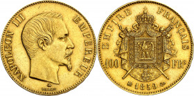 Francia. 1859. Napoleón III. BB (Estrasburgo). 100 francos. (Fr. 570) (Kr. 786.2). Golpecitos. AU. 32,23 g. MBC+/EBC-.