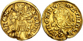 Hungría. Matías I Corvino (1458-1490). Hermannstadt. n-T. 1 ducado. (Fr. 22). Grieta. Escasa. AU. 3,53 g. (MBC+).