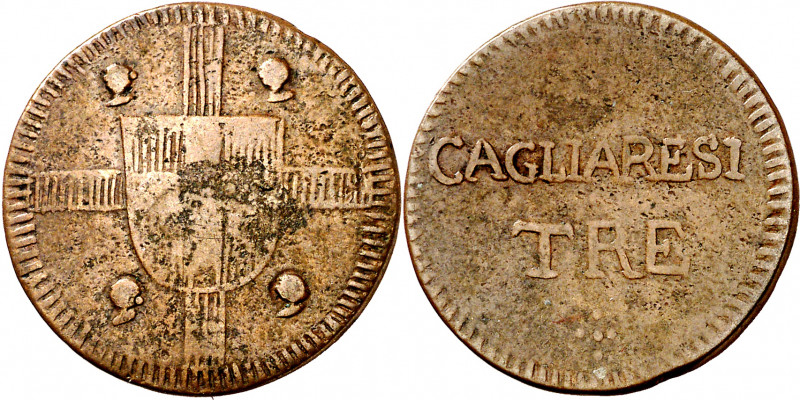 Italia. Cerdeña. s/d. Víctor Manuel I. 3 caglierese. (Kr. 105) (Piras 183). Lige...