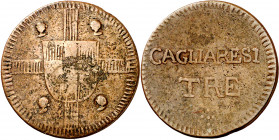 Italia. Cerdeña. s/d. Víctor Manuel I. 3 caglierese. (Kr. 105) (Piras 183). Ligeramente abombada. Rara. CU. 4,45 g. MBC-/BC+.