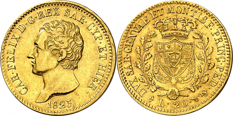 Italia. Cerdeña. 1825. Carlos Félix. Turín. 20 liras. (Fr. 1136) (Kr. 118.1). Ac...