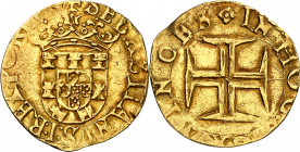 Portugal. Sebastián I (1557-1578). Lisboa. 500 reais / 1 cruzado. (Fr. 41) (Gomes tipo 57). Recortada para circular como 1 escudo castellano. Golpecit...