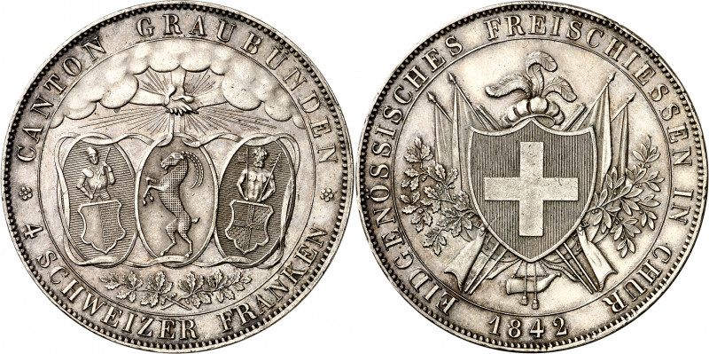Suiza. 1842. 4 francos. (Kr. 17). Festival de tiro: Grisones. Leves golpecitos. ...