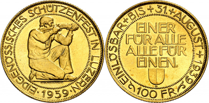 Suiza. 1939. B (Berna). 100 francos. (Fr. 506) (Kr.UWC. S21). Festival de tiro: ...