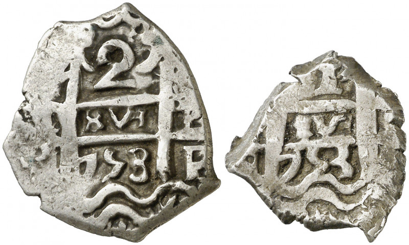 1753. Fernando VI. Potosí. R. 1 y 2 reales. Lote de 2 monedas. A examinar. BC/MB...