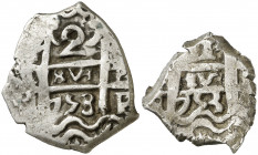 1753. Fernando VI. Potosí. R. 1 y 2 reales. Lote de 2 monedas. A examinar. BC/MBC.