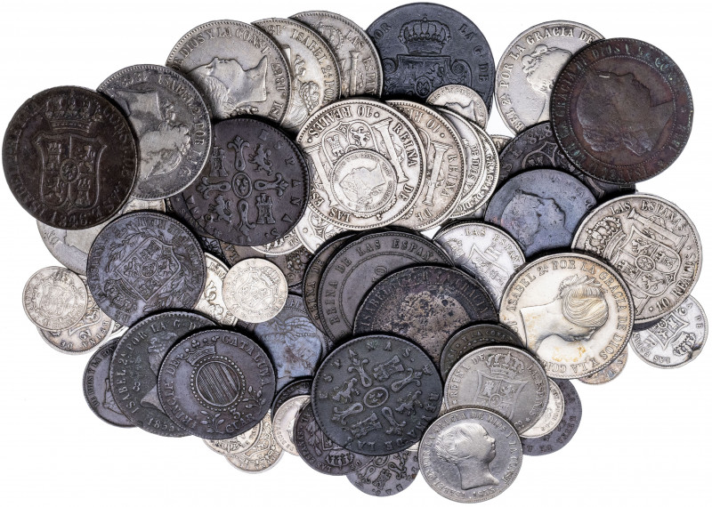 Isabel II. Lote de 78 monedas: 3 (tres) y 6 cuartos (dos), 1, 2 (dos), 4 y 8 mar...