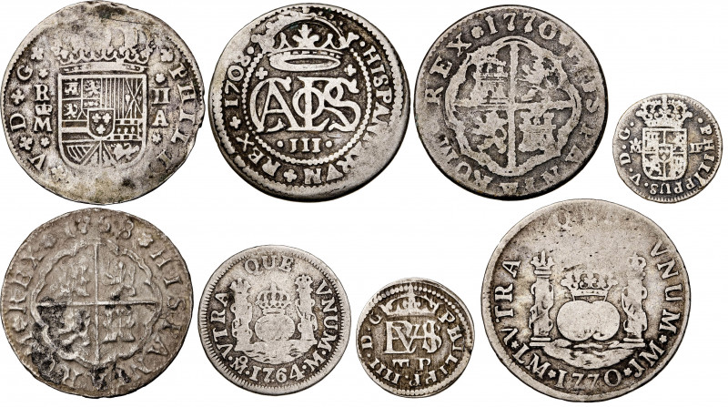 1627 a 1770. 1/2 (dos), 1 y 2 (cinco) reales. Lote de 8 monedas españolas en pla...