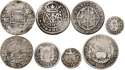 1627 a 1770. 1/2 (dos), 1 y 2 (cinco) reales. Lote de 8 monedas españolas en plata. A examinar. MC/BC+.
