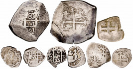 Guatemala, Lima, México y Potosí. 1 (seis), 4 y 8 (dos) reales. Lote de 9 monedas macuquinas. A examinar. BC-/BC+.