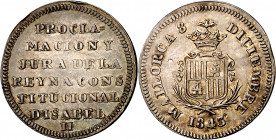 1843. Isabel II. Mallorca. Mayoría de edad. (Ha. 11) (Cru.Medalles 265). Golpecito. Brillo original. Plata. 3,65 g. Ø22 mm. MBC+.