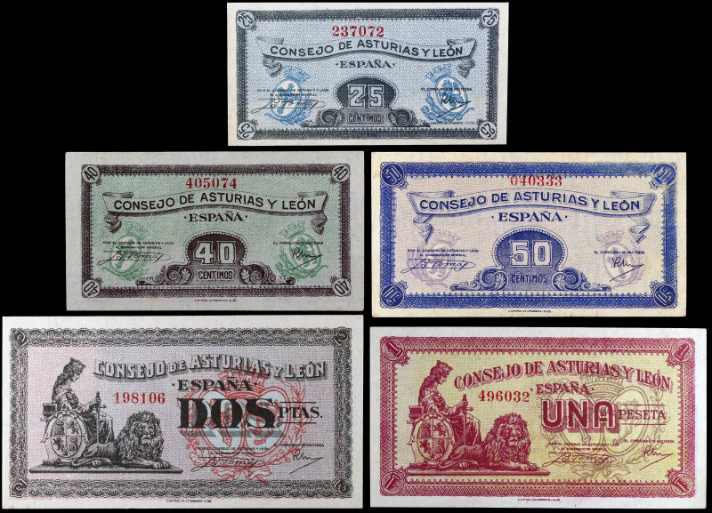 1937. Asturias y León. 25, 40, 50 céntimos, 1 y 2 pesetas. (Ed. C45 a C49) (Ed. ...