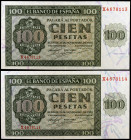 1936. Burgos. 100 pesetas. (Ed. D22a) (Ed. 421a). 21 de noviembre. Pareja correlativa, serie X. Leve doblez central. Con apresto. EBC+.