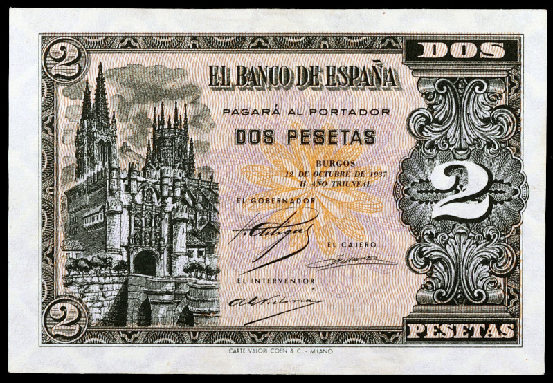 1937. Burgos. 2 pesetas. (Ed. D27) (Ed. 426). 12 de octubre. Serie A. Esquinas r...