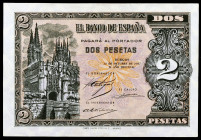 1937. Burgos. 2 pesetas. (Ed. D27) (Ed. 426). 12 de octubre. Serie A. Esquinas rozadas. Raro. EBC+.
