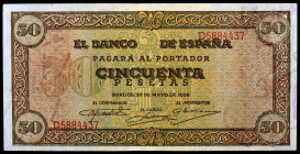 1938. Burgos. 50 pesetas. (Ed. D32a) (Ed. 431a). 20 de mayo. Serie D. Esquinas algo rozadas. S/C-.