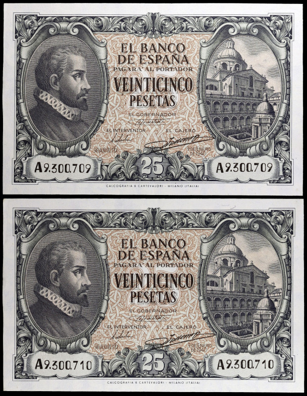 1940. 25 pesetas. (Ed. D37) (Ed. 436). 9 de enero, Juan de Herrera. Pareja corre...