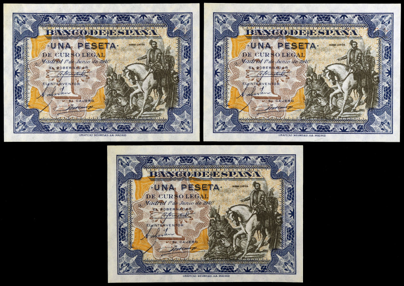 1940. 1 peseta. (Ed. D42) (Ed. 441). 1 de junio, Hernán Cortés. Trío correlativo...
