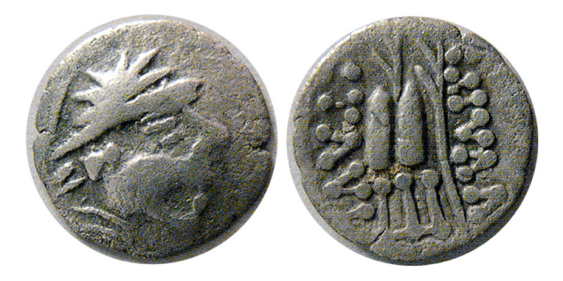 KINGS of BAKTRIA, Eukratides I. ca. 171-145 BC. AR Obol (0.40 gm; 10 mm). Barbar...