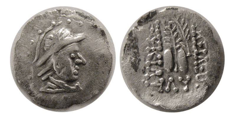 KINGS of BAKTRIA, Eukratides I. ca. 171-145 BC. AR Obol (0.42 gm; 13 mm). Barbar...