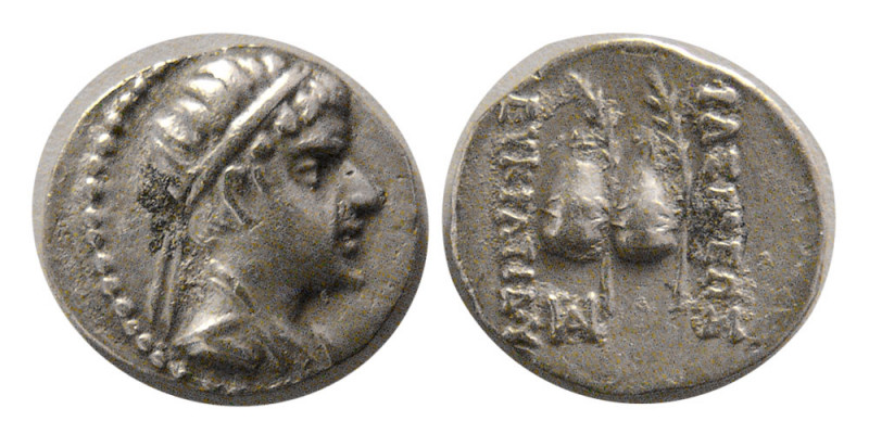 KINGS of BAKTRIA, Eukratides I. 171-145 BC. AR Obol (0.60 gm; 11 mm). Diademed a...