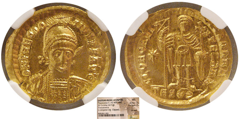 ROMAN EMPIRE. Theodosius II. AD. 402-450. Gold Solidus (4.21 gm; 22 mm). Thessal...