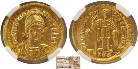 ROMAN EMPIRE. Theodosius II. AD. 402-450. Gold Solidus. NGC-MS.