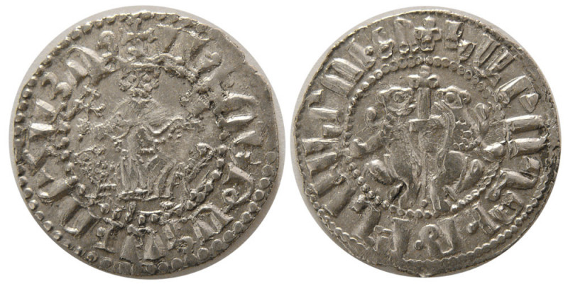 KINGS of ARMENIA; Levon I. 1199-1218 AD. AR Tram (2.98 gm; 23 mm). Levon seated ...