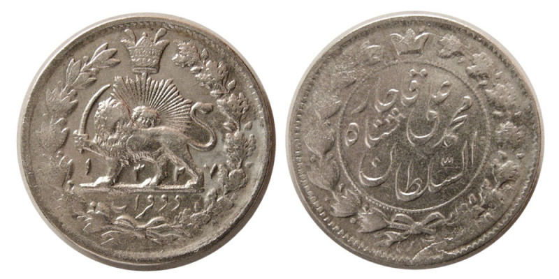 QAJAR DYNASTY. Mohammad Ali Shah. AR Two Qeran (9.00 gm; 28 mm). dated 1327, Teh...