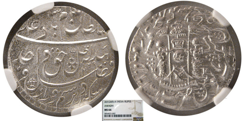 INDIA, Awdah. Silver Rupee. AH 1269//6. NGC-MS 66. Certificate # 5854972-007. Hi...