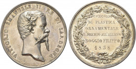 TORINO. Vittorio Emanuele II, 1861-1878.
Medaglia premio 1858 opus G. Galeazzi. Ag gr. 92,31 mm 55,3
Dr. VITTORIO EMANUELE II RE DI SARDEGNA. Testa ...