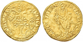 BOLOGNA. Giulio II (Giuliano della Rovere), 1503-1513.
Ducato TIRANO LIBERAT. Au gr. 3,43
Dr. IVLIVS II - PONT MAX. Stemma decagono in quadribolo co...