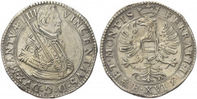 CASALE. Vincenzo I Gonzaga, 1587-1612.
Tallero da 16 Bolognini s. data. Ag gr. 28,70
Dr. VINCENTIVS D G DVX MANTVAE I - III. Busto del duca a capo s...