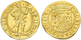 FERRARA. Alfonso II d’Este, 1559-1597.
Ongaro s. data Au gr. 3,51 
Dr. ALF II FE MV - RE ET C DVX. Il Duca stante verso d., tiene scettro.
Rv. NOBI...