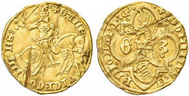 MILANO. Gian Galeazzo Visconti, I Duca di Milano, 1395-1402.
Fiorino o ducato. Au gr. 3,46
Dr. GALE - AZ - VICECO - M- B S. Il Duca a cavallo verso ...